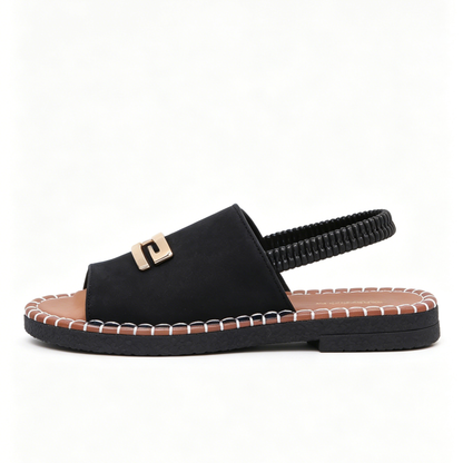 Women's Denim Flat Sandals, Elastic Back Strap with Gold Buckle, Casual Summer Slip-On Sandals
