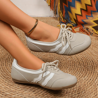 Women's Retro Lace-Up Ballet Sneakers, Black & White Stripe Casual Flat Shoes, Lightweight Comfortable Daily Wear Footwear
