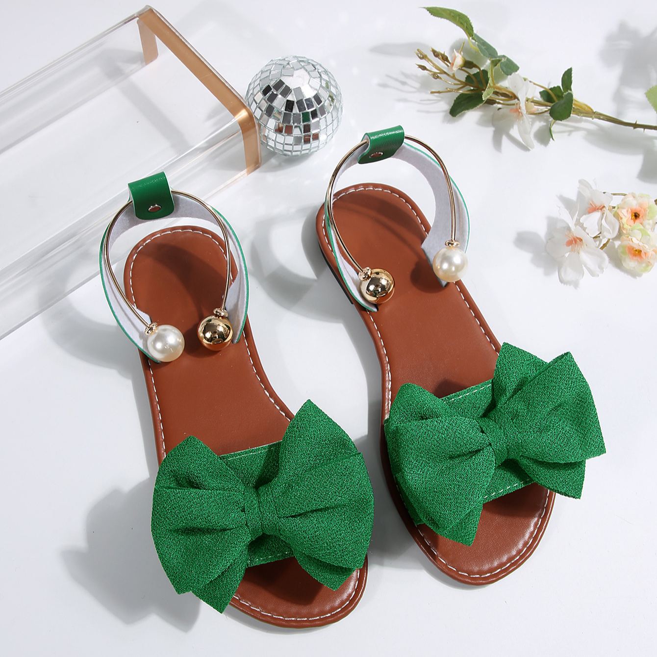 Women's Summer New Style Metal Buckle Single-Strap Flat Sandals with Bowknot and Pearl Versatile Casual Beach Sandals