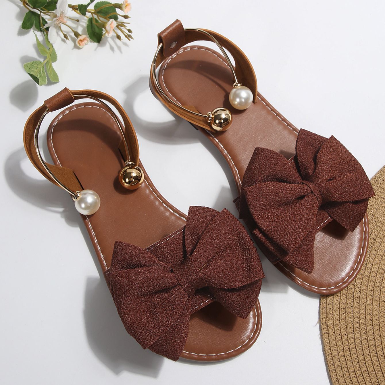 Women's Summer New Style Metal Buckle Single-Strap Flat Sandals with Bowknot and Pearl Versatile Casual Beach Sandals