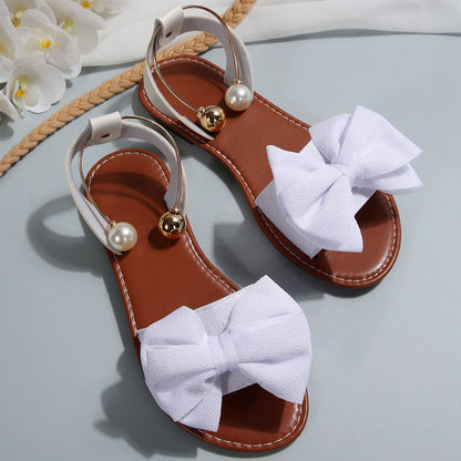 Women's Summer New Style Metal Buckle Single-Strap Flat Sandals with Bowknot and Pearl Versatile Casual Beach Sandals