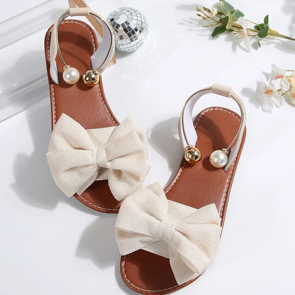 Women's Summer New Style Metal Buckle Single-Strap Flat Sandals with Bowknot and Pearl Versatile Casual Beach Sandals