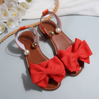 Women's Summer New Style Metal Buckle Single-Strap Flat Sandals with Bowknot and Pearl Versatile Casual Beach Sandals